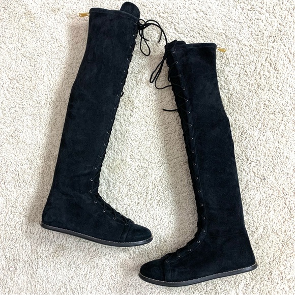 Women's VIONNET PARIS Black Suede OTK Over The Knee LACE UP Flat DESIGNER BOOTS - Picture 3 of 9